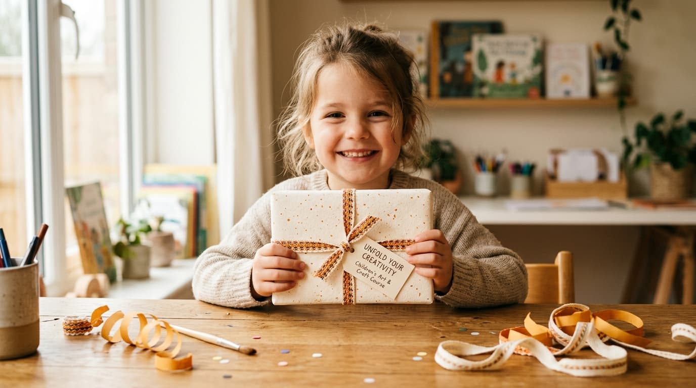 Ein lächelndes Kind hält einen liebevoll verpackten Gutschein für einen Kinderkurs in den Händen, umgeben von bunten Geschenkbändern auf einem Holztisch.
